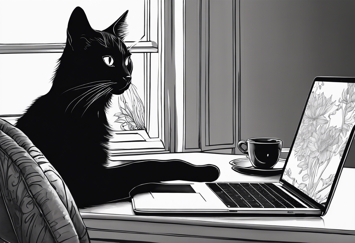 A black cat sitting in Front of a MacBook and Programming. tattoo idea