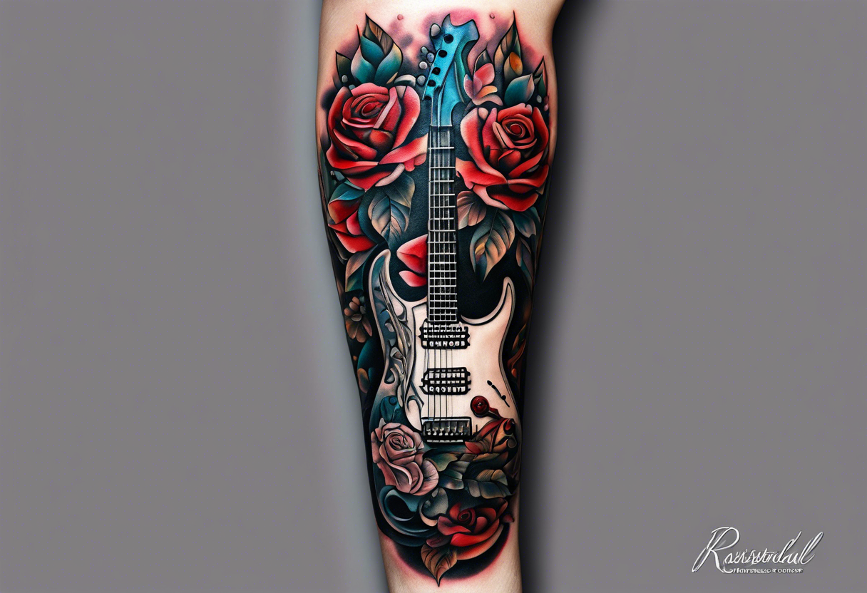 front knee tattoo based on Mike Rubendall with roses, guitar, water, flowers, background wash tattoo idea