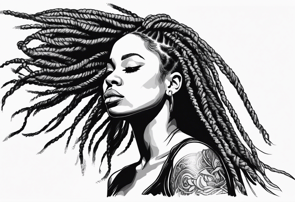 Draw a women head with real dread locks flying in the air, all hair should be to see tattoo idea