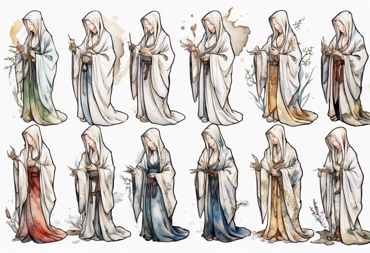 medieval Cate Blanchett dressed in white robes, weeping on floor tattoo idea