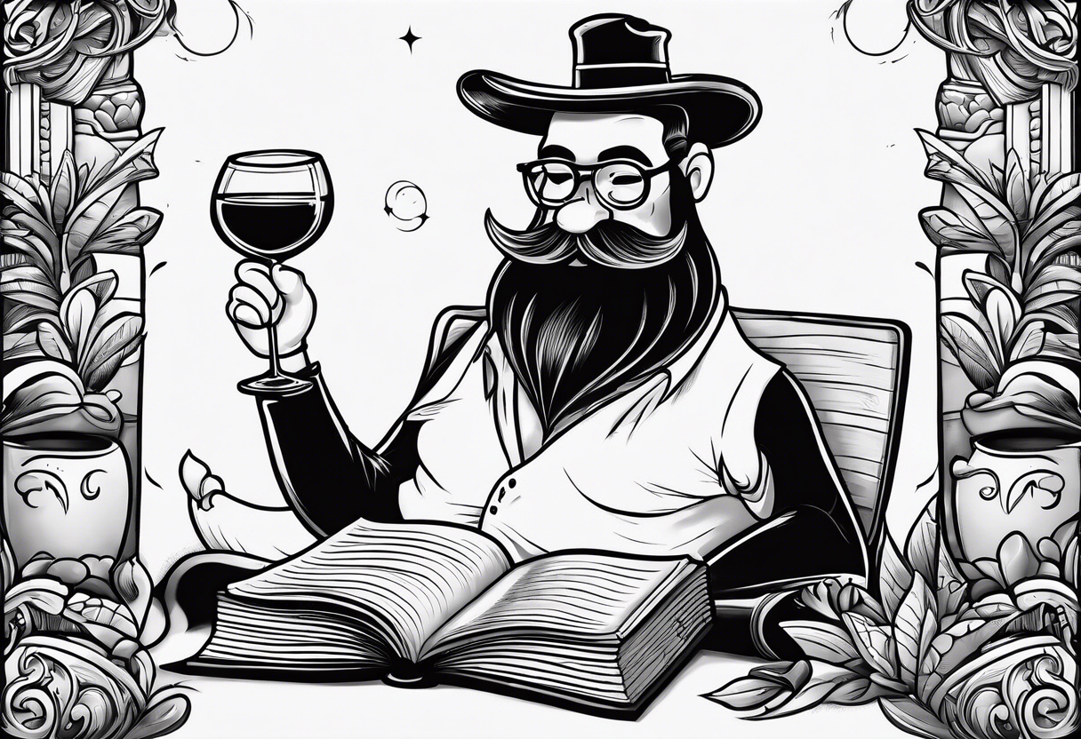 An avocado cartoon  drinking wine and reading a book tattoo idea