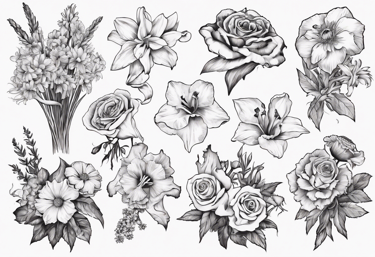 Flower bouquet with daffodil, rose, Larkspur, gladiolus, aster, marigold, chrysanthemum, narcissus tattoo idea
