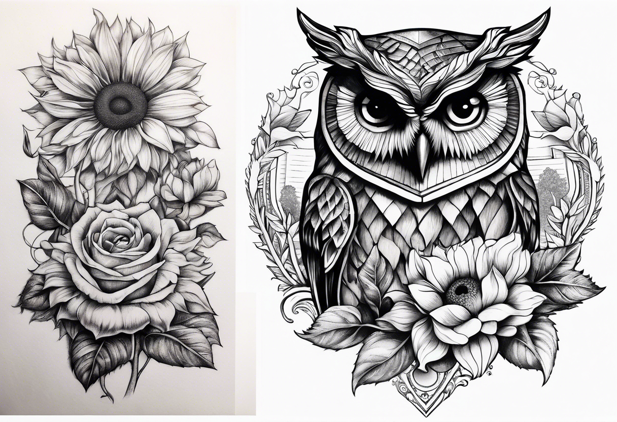 Sunflower, camera, book, owl, flower rose tattoo idea