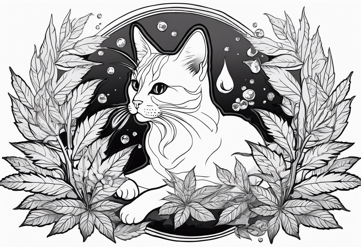 Cannabis plant with mushrooms pothos. A cat. Use negative space to show the sun. A cat, and crystals tattoo idea