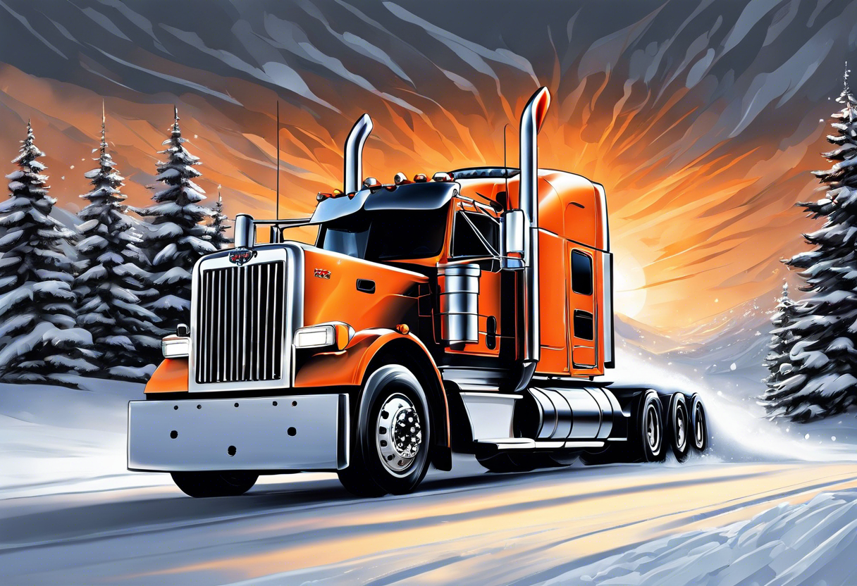 Peterbuilt 389 driving through the snow with orange light striking behind it tattoo idea