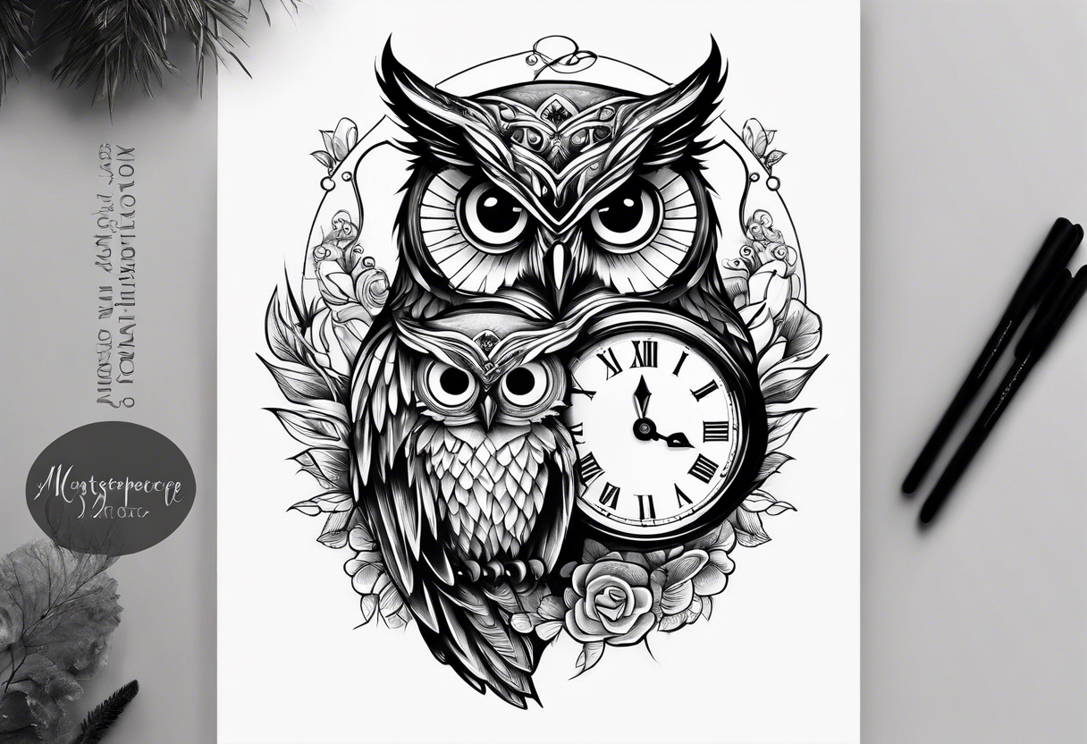 Mother and baby owl with clock tattoo idea