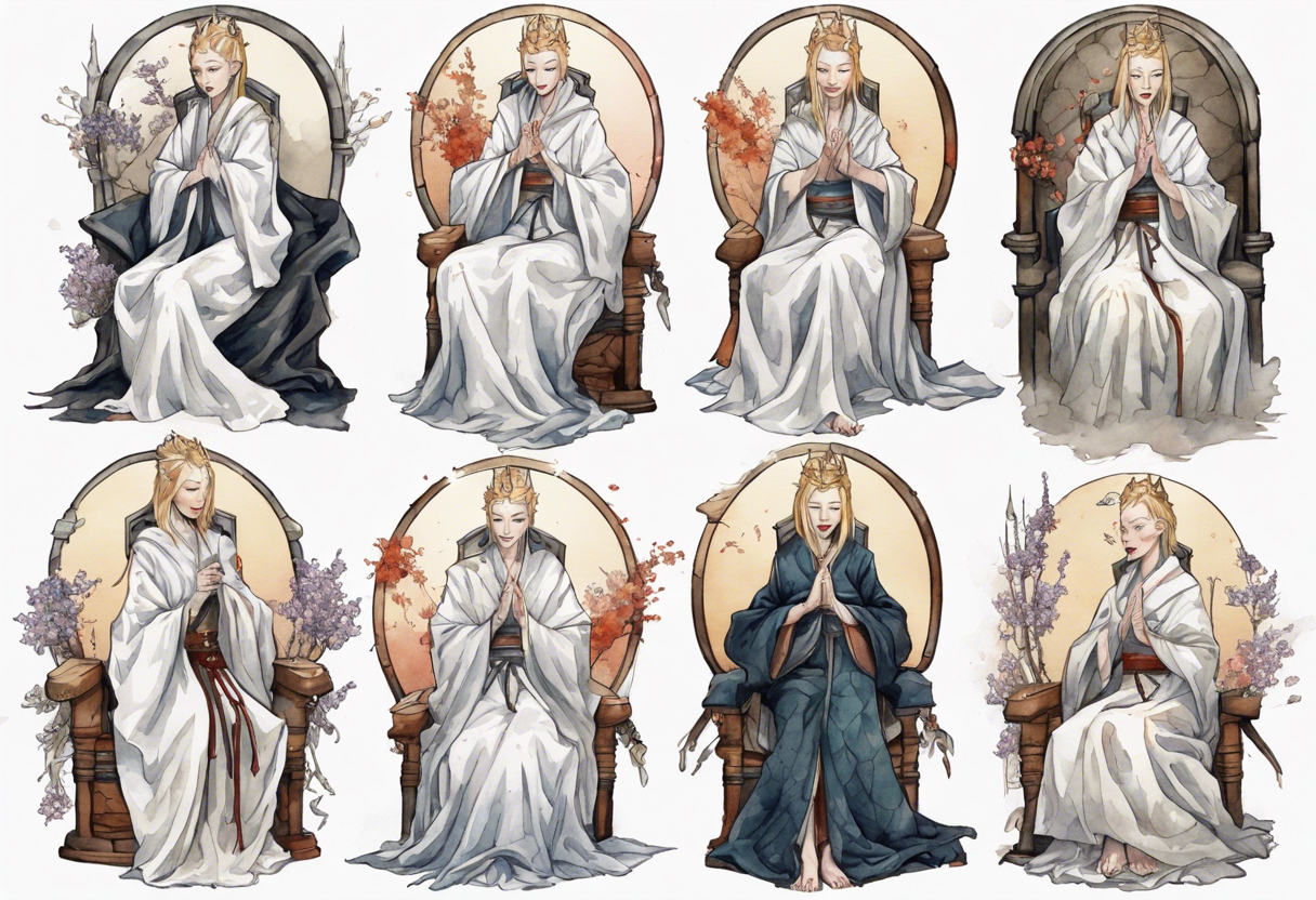 medieval Cate Blanchett dressed in white robes, weeping on throne tattoo idea