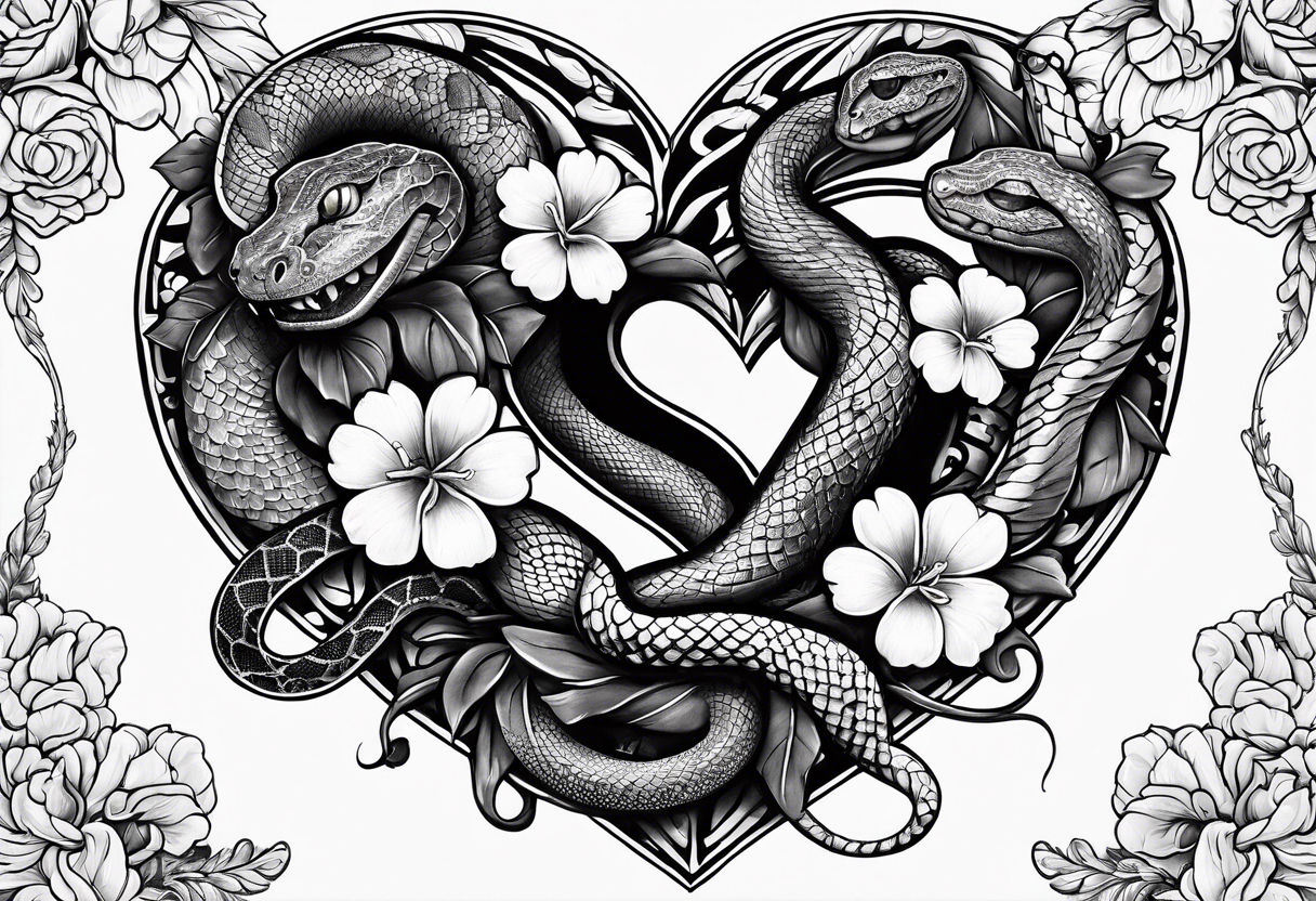 snakes wrapped around a heart with flowers tattoo idea