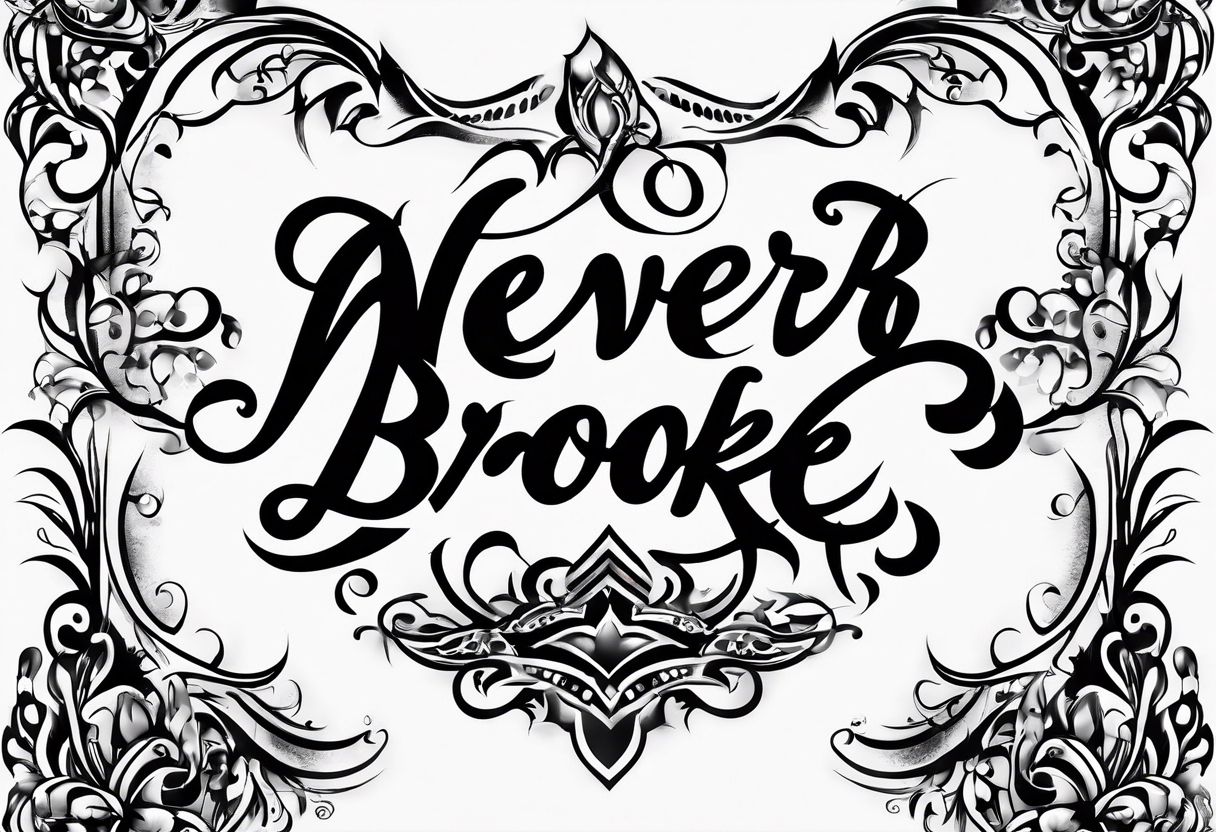 black inscription “Never broke again” on a white background in an unreadable thin Gothic font tattoo idea