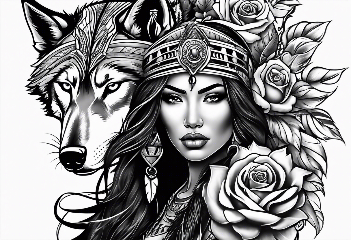 Armored native American woman with a wolf and a cored rose tattoo idea