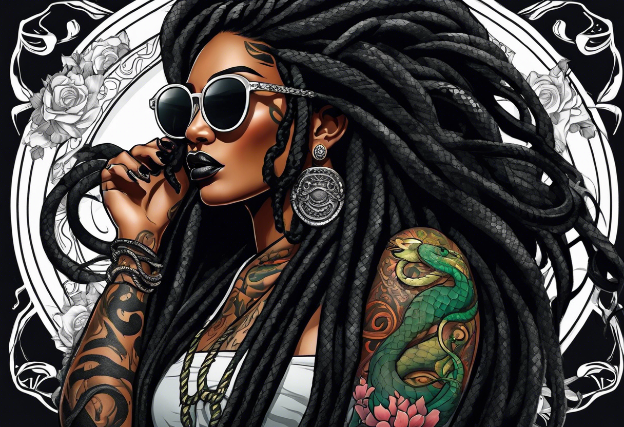 medusa as a beautiful black women with long black dreadlocks and one arm tattooed with snake skin and the other arm tattooed with marble, wearing large black sunglasses, streetwear tattoo idea