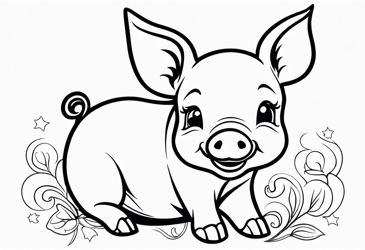 very cute happy piglet.
outline only.
black and white only.
only show the piglet. no extra lines or decoration.
no black shading.
dont make the ears too big.
draw very thin lines tattoo idea