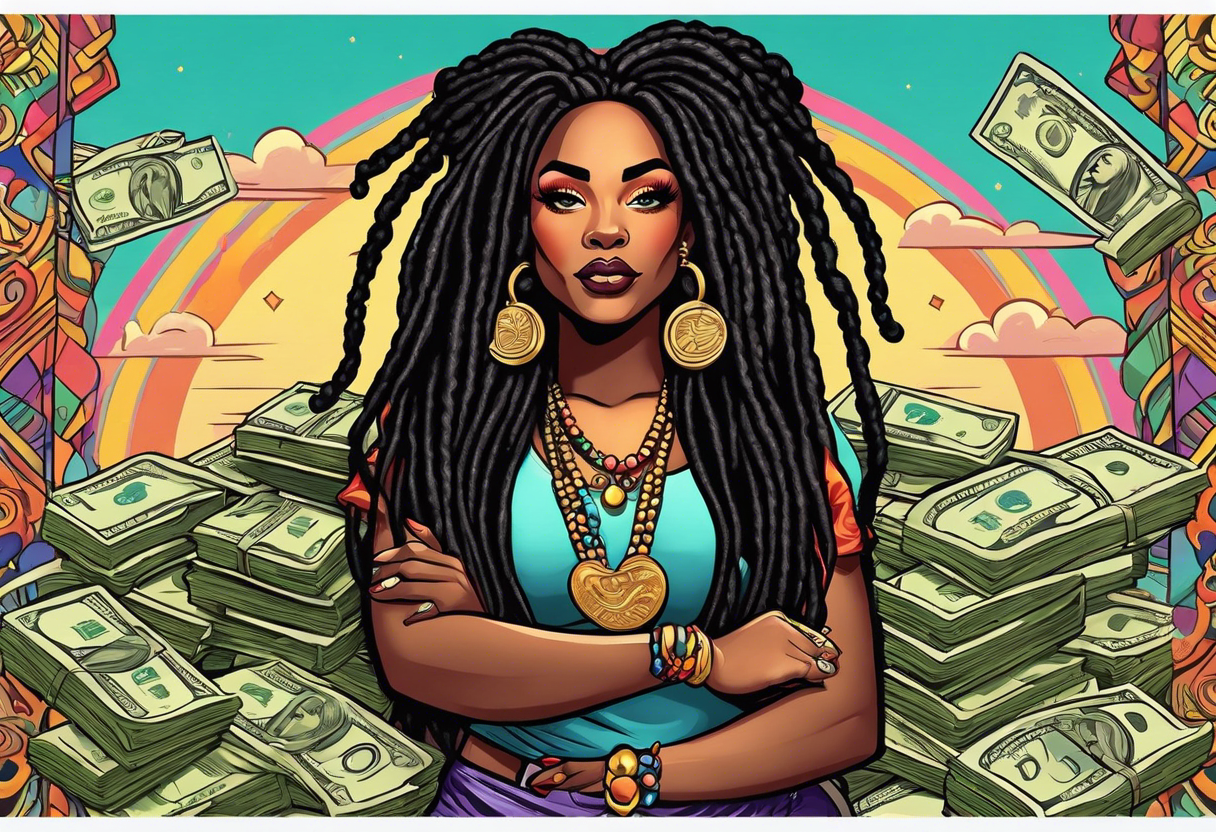 beautiful thick black women with long straight dreadlocks, new school style, holding piles of money, colorful, pastel, old school traditional, tattoo idea