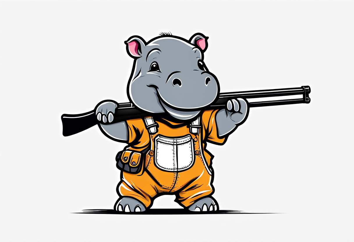 Baby hippo wearing overalls and holding a weapon tattoo idea