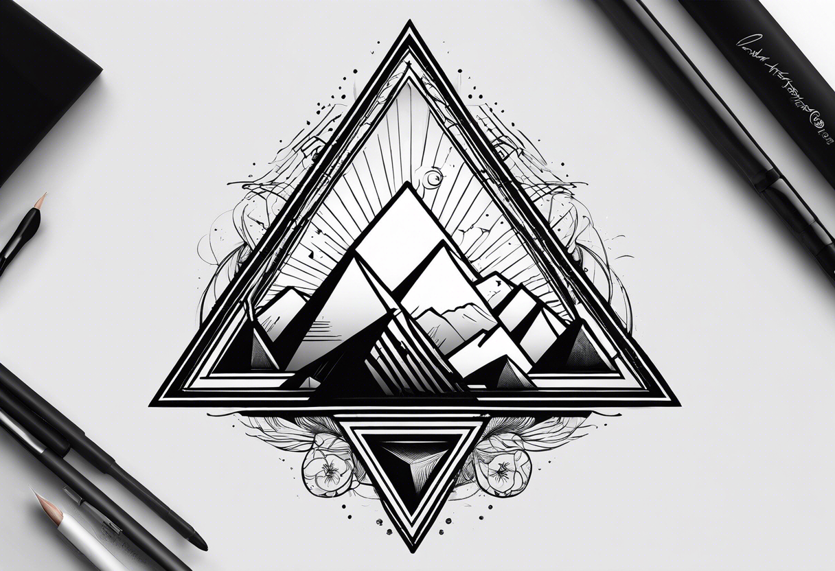 Un triangulo con una persona al medio, estilo de dibujo con lineas en blanco y negro mas simple solo lineas y una persona muy pequeña tattoo idea