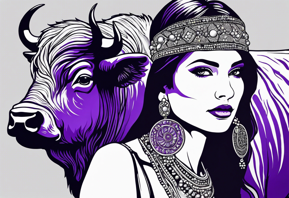 woman wearing bead headband, standing next to magical purple buffalo, the buffalo is magical, he is purple, he is standing up tattoo idea