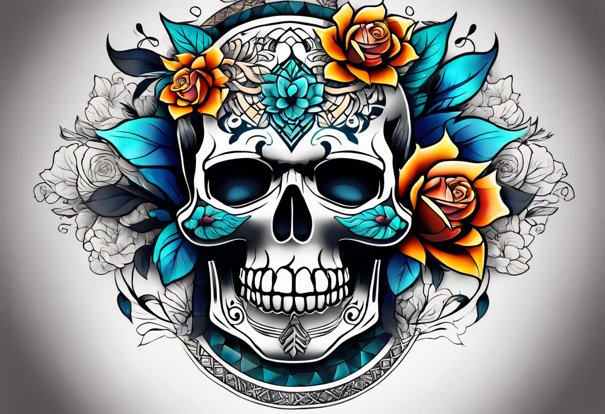 Front knee tattoo with fall colors, small flowers, rose, mayan style skull, leaves, blue water flows with washes and background tattoo idea