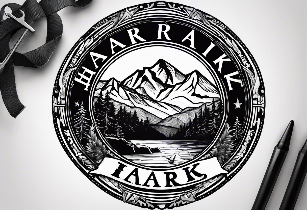 The word "HARK" as a banner with a mountain, a carabiner, compass, lake and an airplane in a circular design tattoo idea