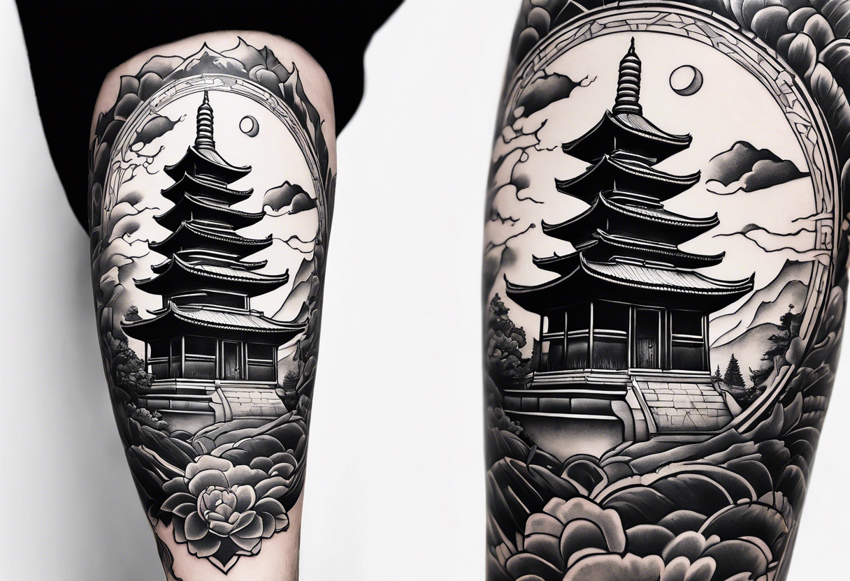 Samurai and Japanese Temple Tattoo Design with Koi Fish