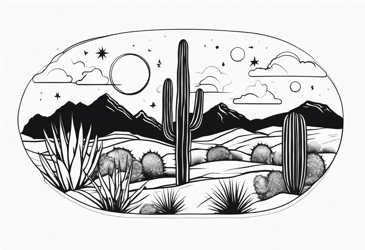 Galaxy sky with Arizona landscape with cactus tattoo idea