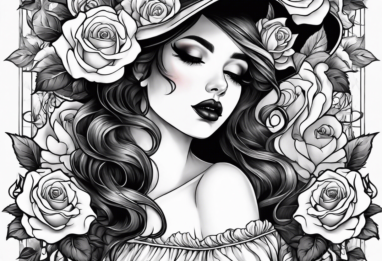 mime girl in white dress surrounded by roses tattoo idea