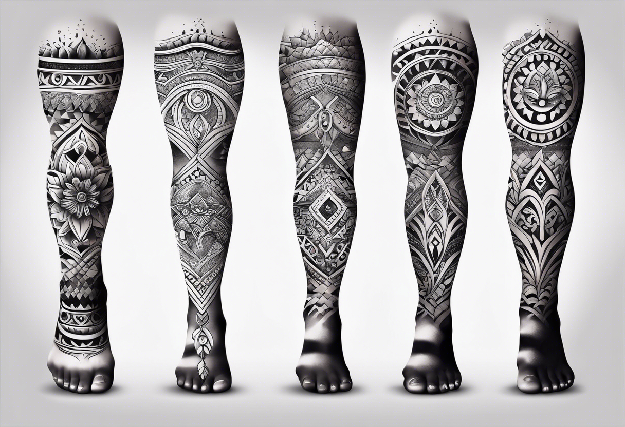 Hindu Sanskrit tribal design on right lower leg, below knee to top