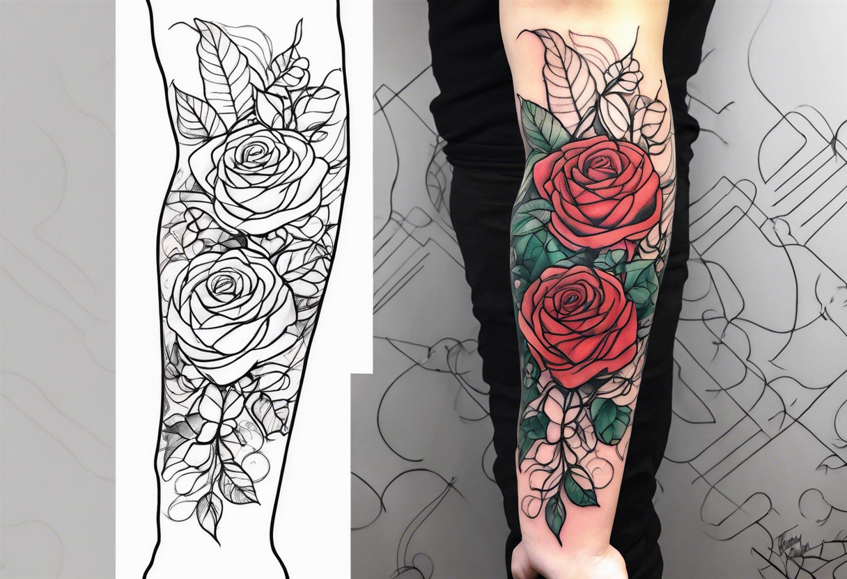 Blend vines roses and lit up digital circuitry arm sleeve tattoo idea