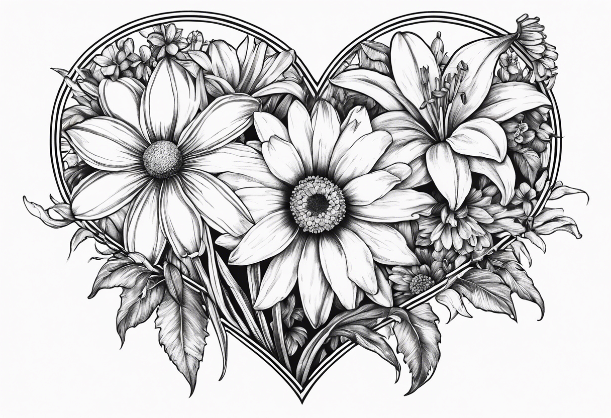 Daisy, lily, narcissus, larkspur, gladiolus, chrysanthemums, in a heart tattoo idea