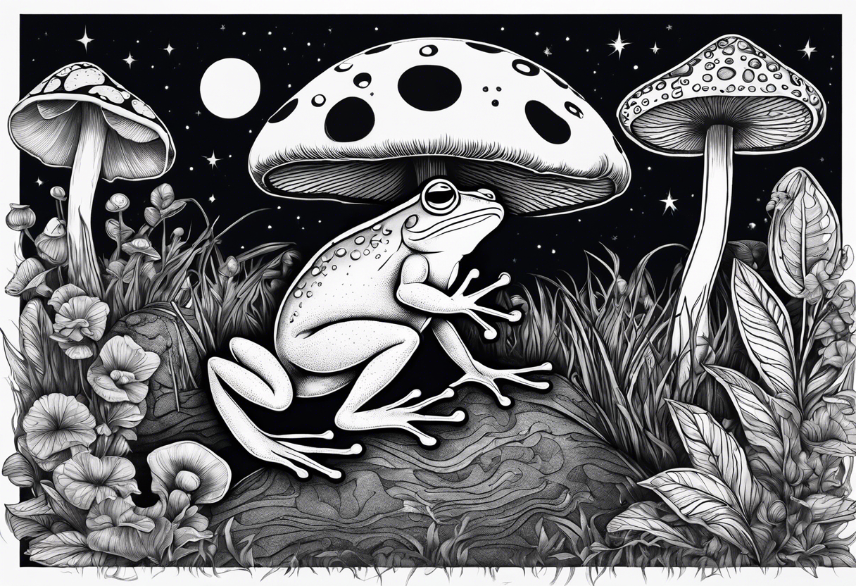 dancing frog under the moonlight mushroom in the Background mystical tattoo idea