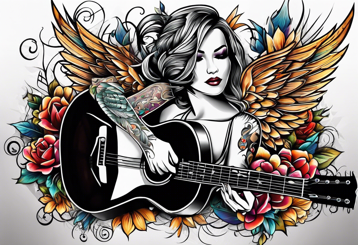 Microphone and musical notes and guitar and wings and country singer tattoo idea