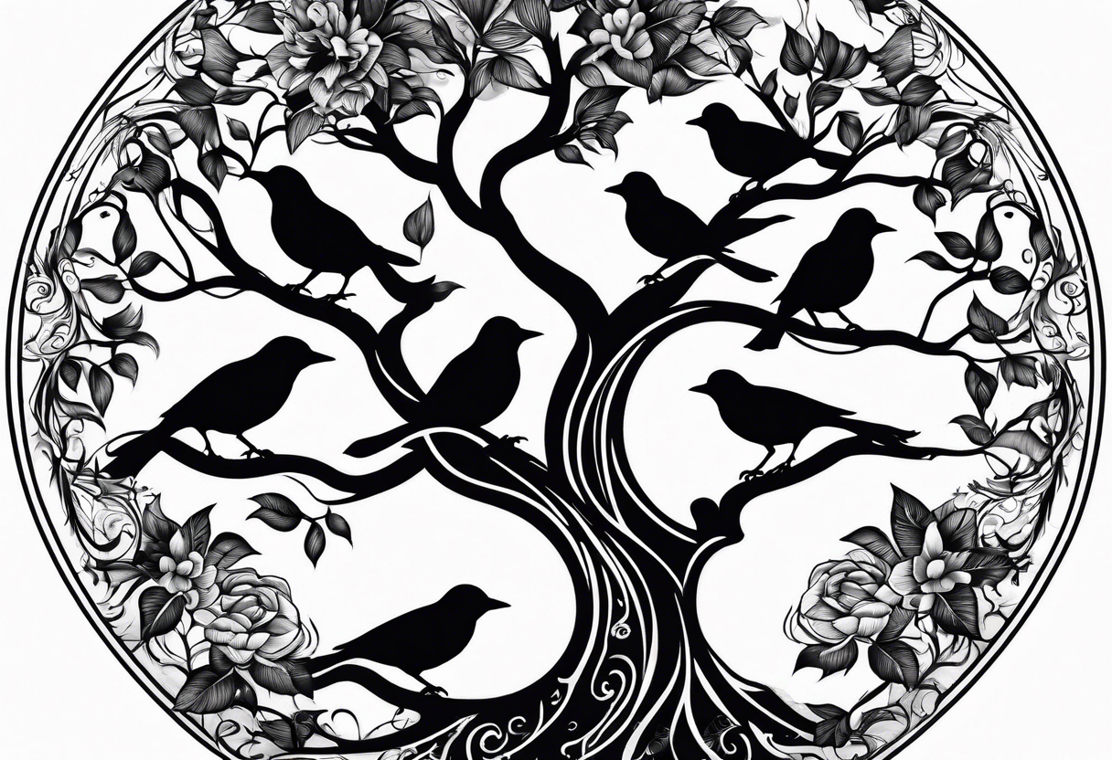 family tree with 6 black birds and cadinal tattoo idea