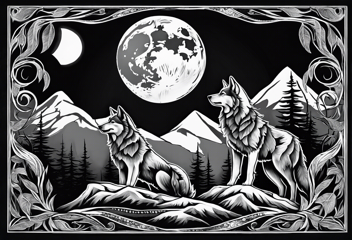 Mountain peaks
Two wolves sitting at end of trail
Moon
Dark woods tattoo idea