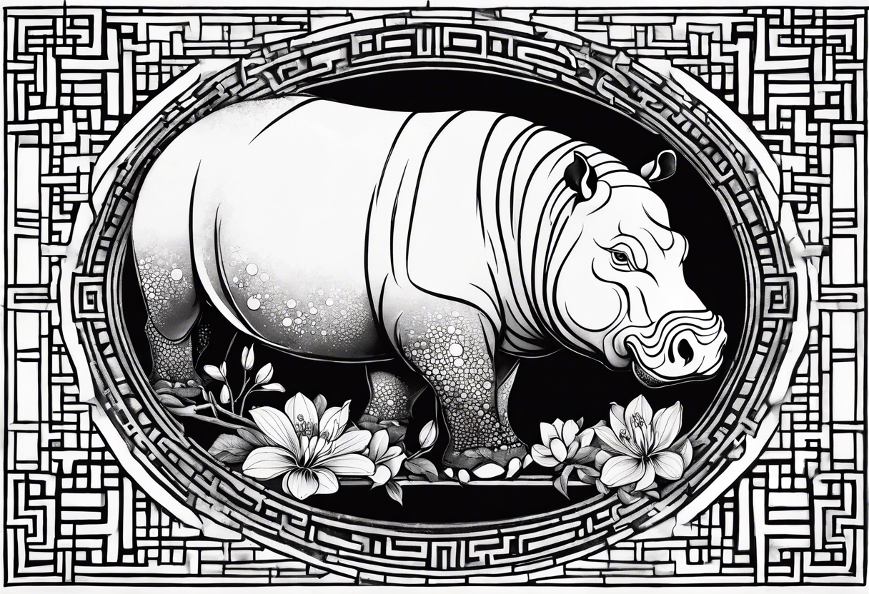 Asymmetrical, geometric, chinese ink art touch, hippo , full moon, wintersweet flower, light , modify from my favourite, free hand tattoo idea