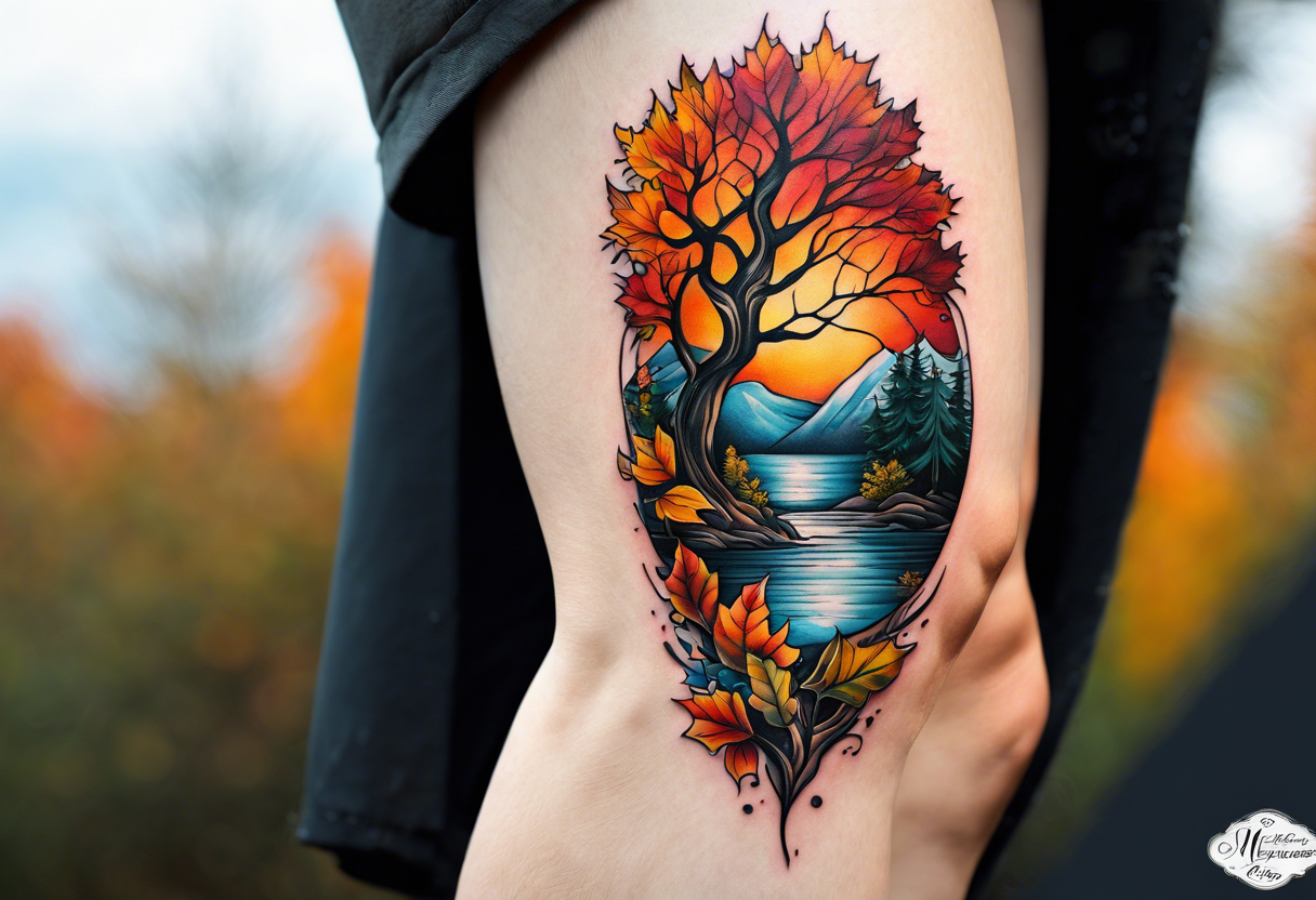 Knee tattoo with fall colors showing leaves, water flow, trees and sky tattoo idea