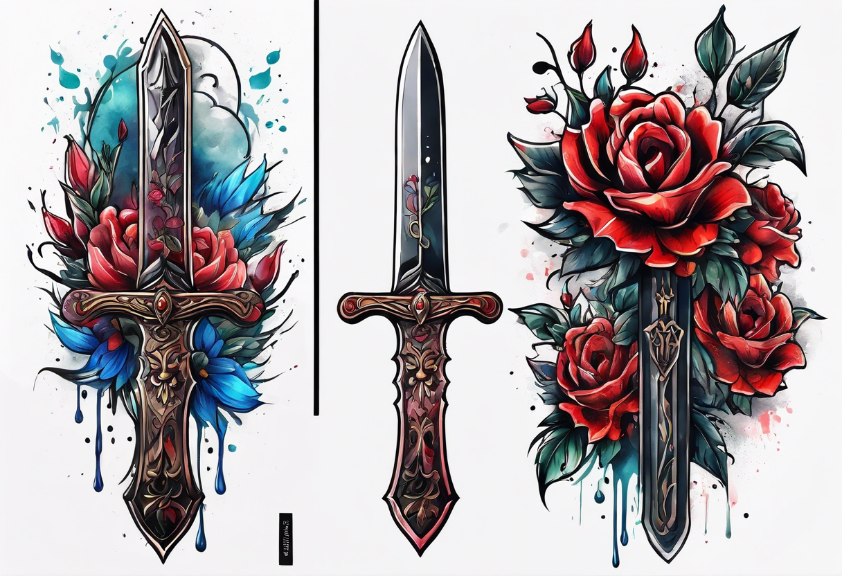 Bloody sword dripping into flowers tattoo idea