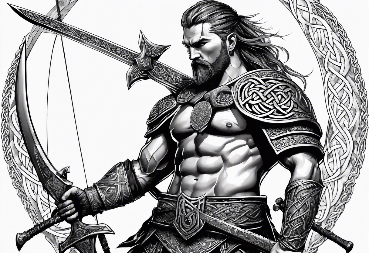 Full body side profile of Celtic warrior with weapons unsheathed tattoo idea