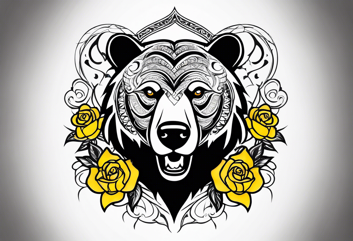 A tribal bear above the butterfly and yellow rose tattoo idea