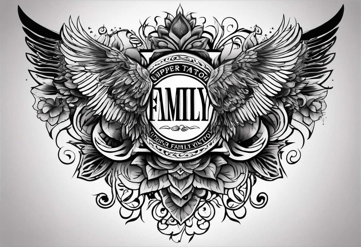 upper back tattoo from shoulder to shoulder with the word FAMILY tattoo idea