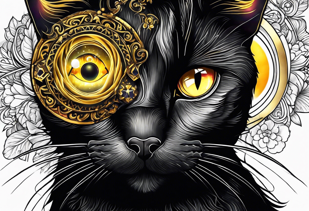 Black Cat with yellow eyes, cat's eye nebula in background tattoo idea