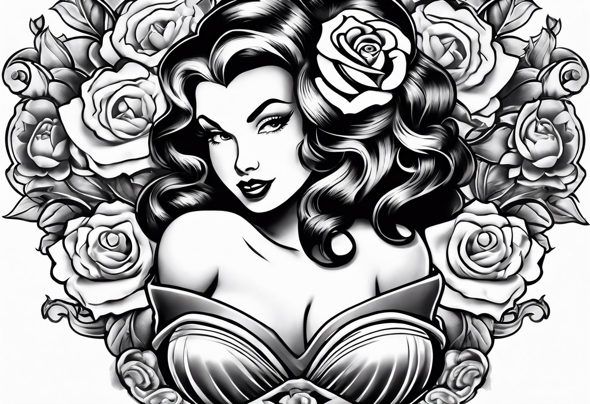 Pearl necklace wrapped around 1950s pinup pumps with roses surrounding tattoo idea