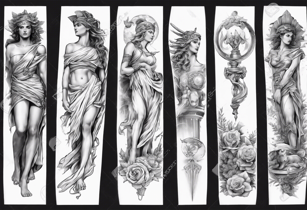 Greek mythology sleeve for women to signify power and success tattoo idea