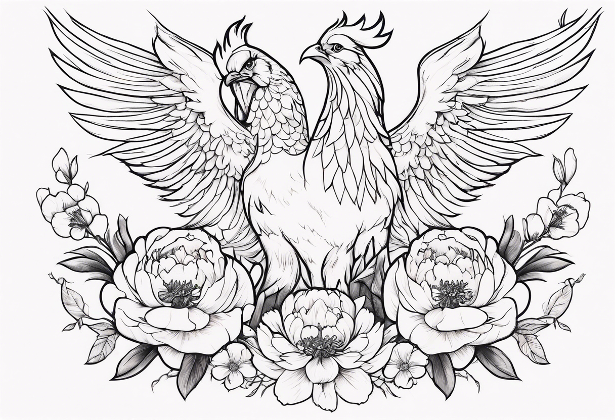 minimalist pheonix with peonies tattoo idea