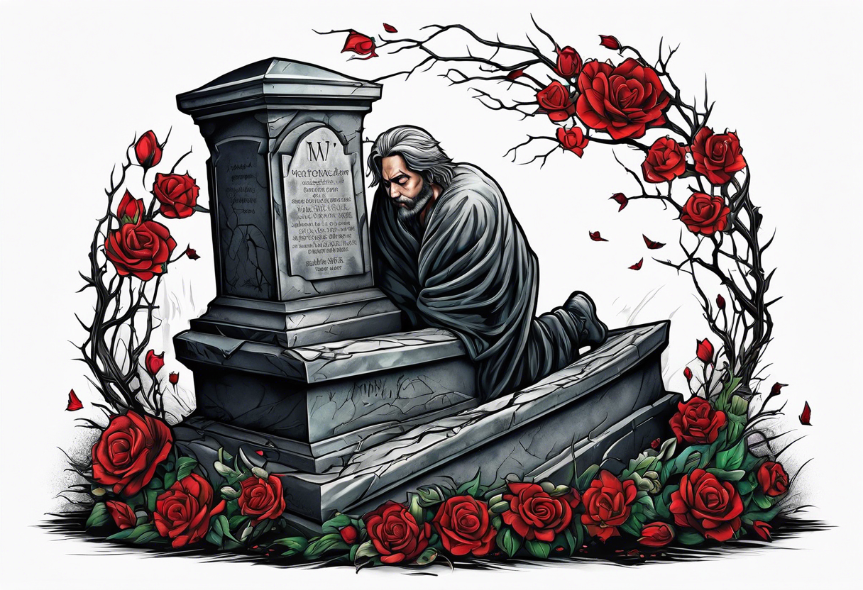 Man crawling out of grave. 
MIW Reincarnate written on gravestone tattoo idea