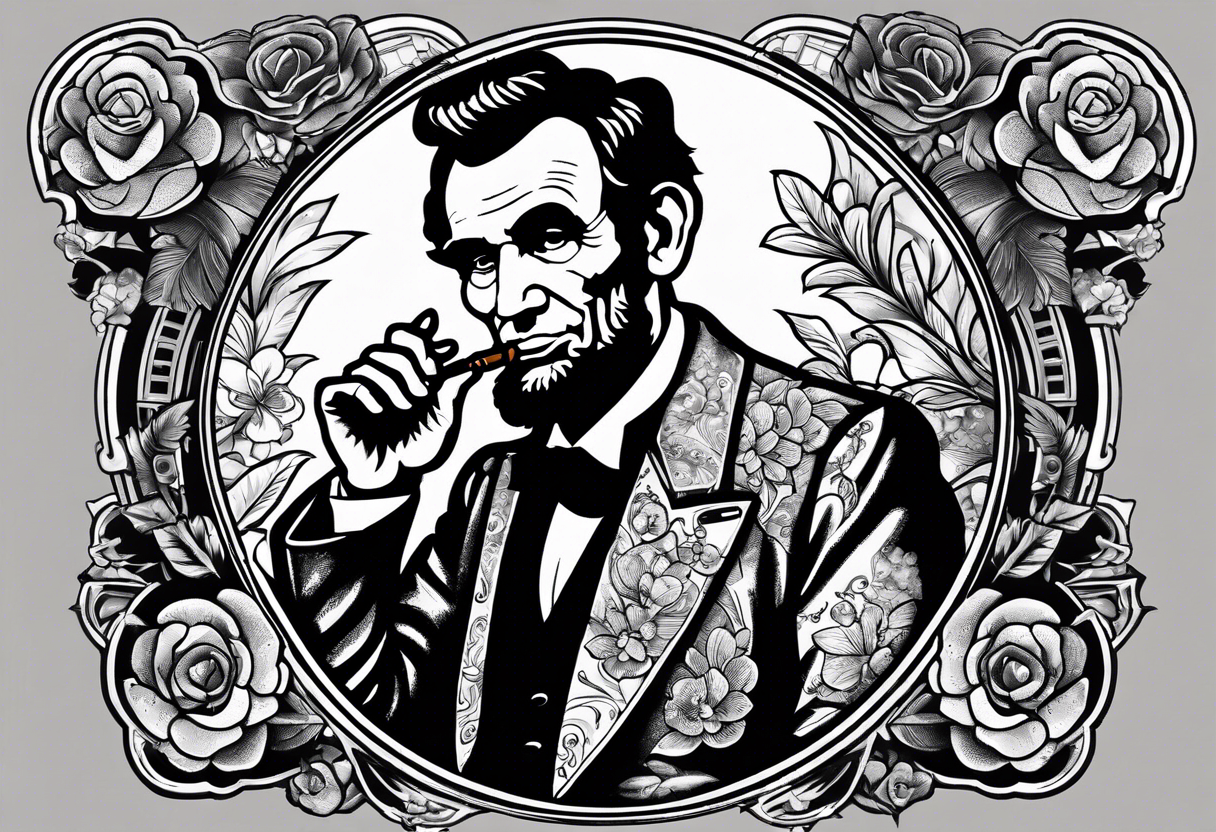 Abraham Lincoln smoking a cigar  in a flowered suit jacket holding a 90s boombox on his shoulder jamming out tattoo idea