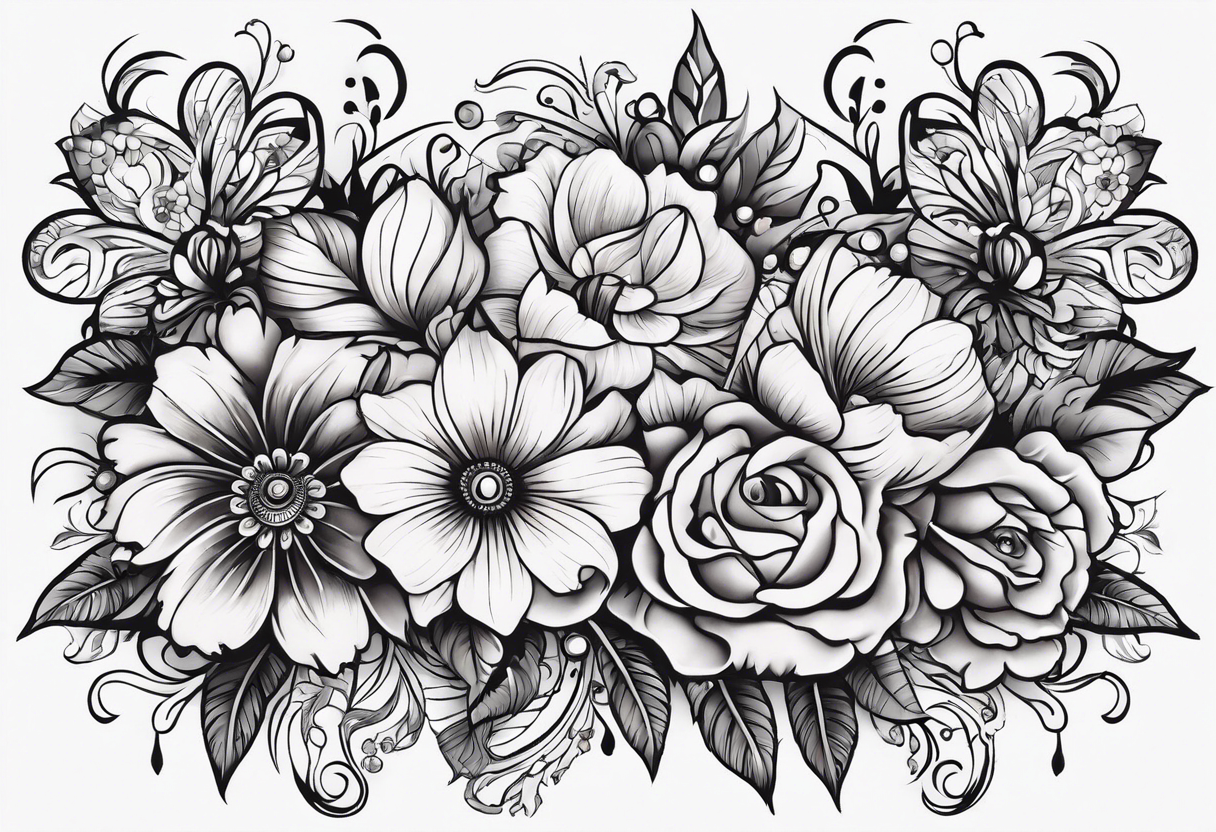 Floral leg piece with beading and lace tattoo idea. monochromatic colorful, old school flowers. tattoo idea