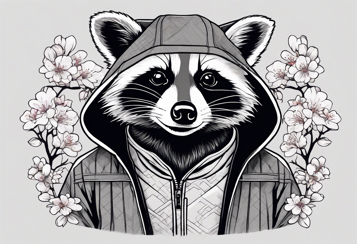 Raccoon wearing a Superman hoodie and Japanese cherry blossoms tattoo idea