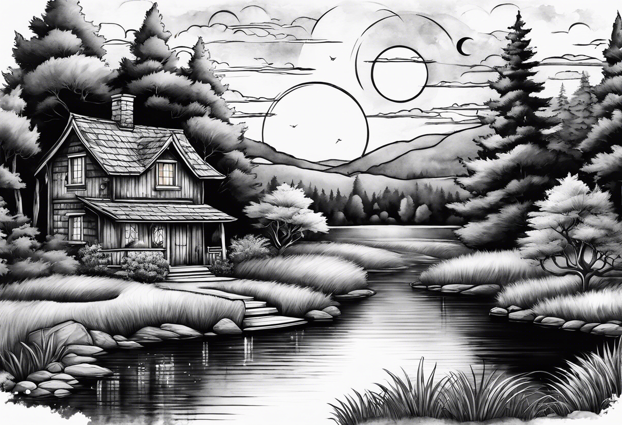 Hidden, secret garden, lake, day moon, beauty, cabin, pond tattoo idea