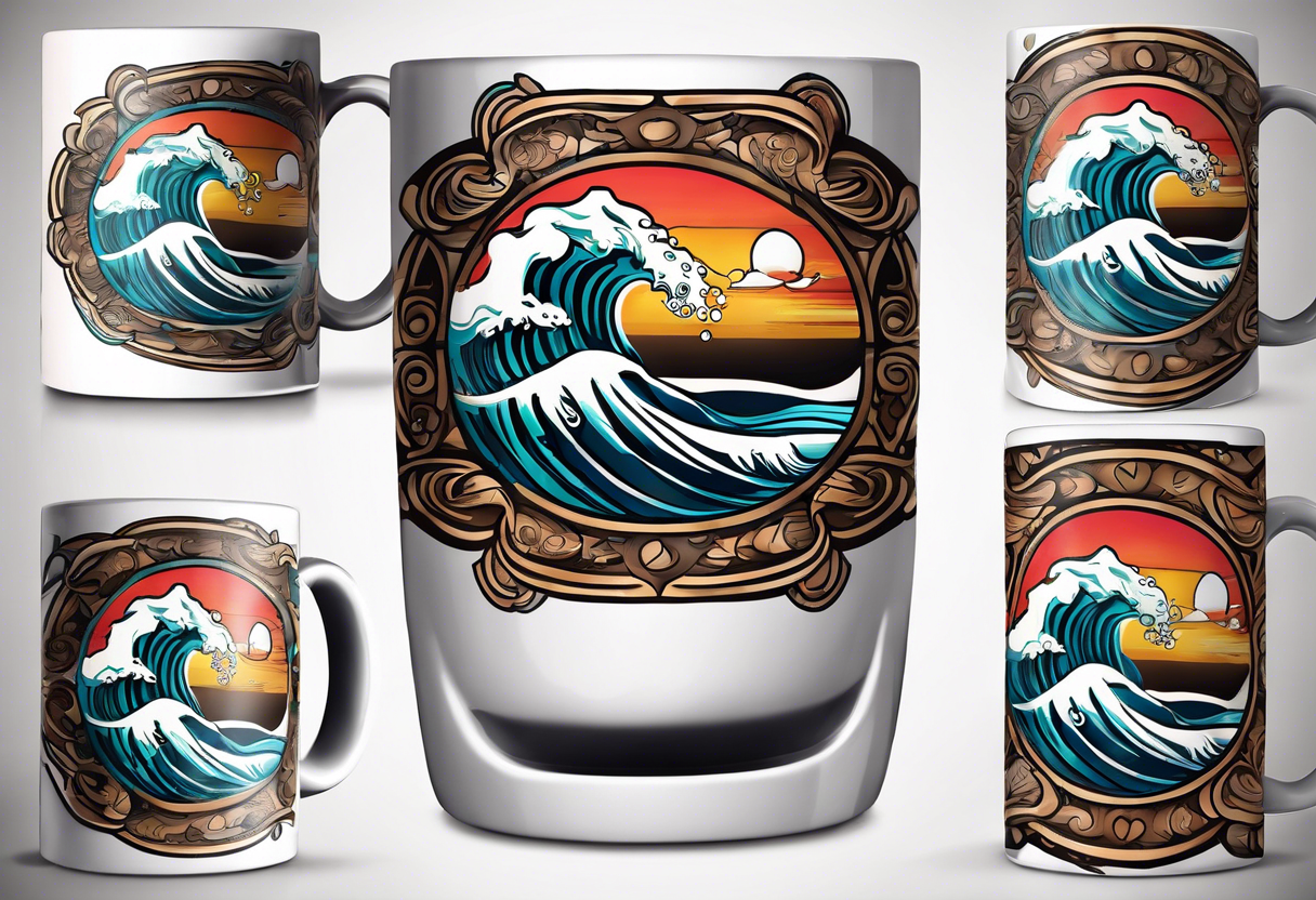 Circular retro design with coffee mug and ocean wave on mug tattoo idea