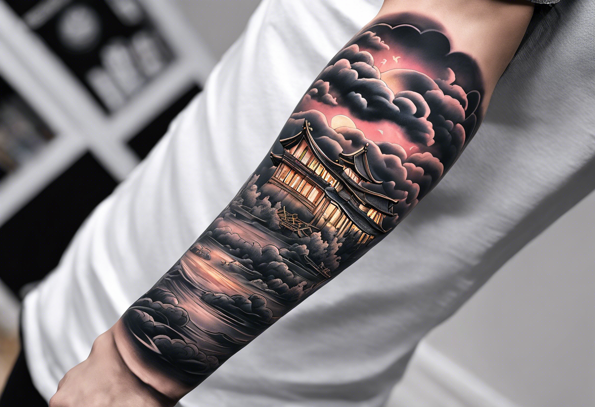 Realistic forearm sleeve of money,kids, clouds journey, bible