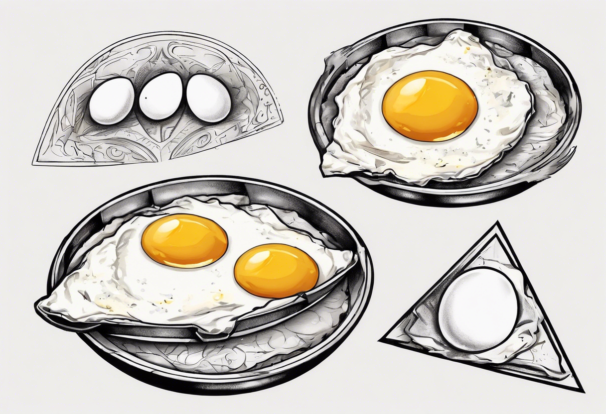 A round, thin omelette made from five eggs, with a triangular piece cut out containing the yolk tattoo idea